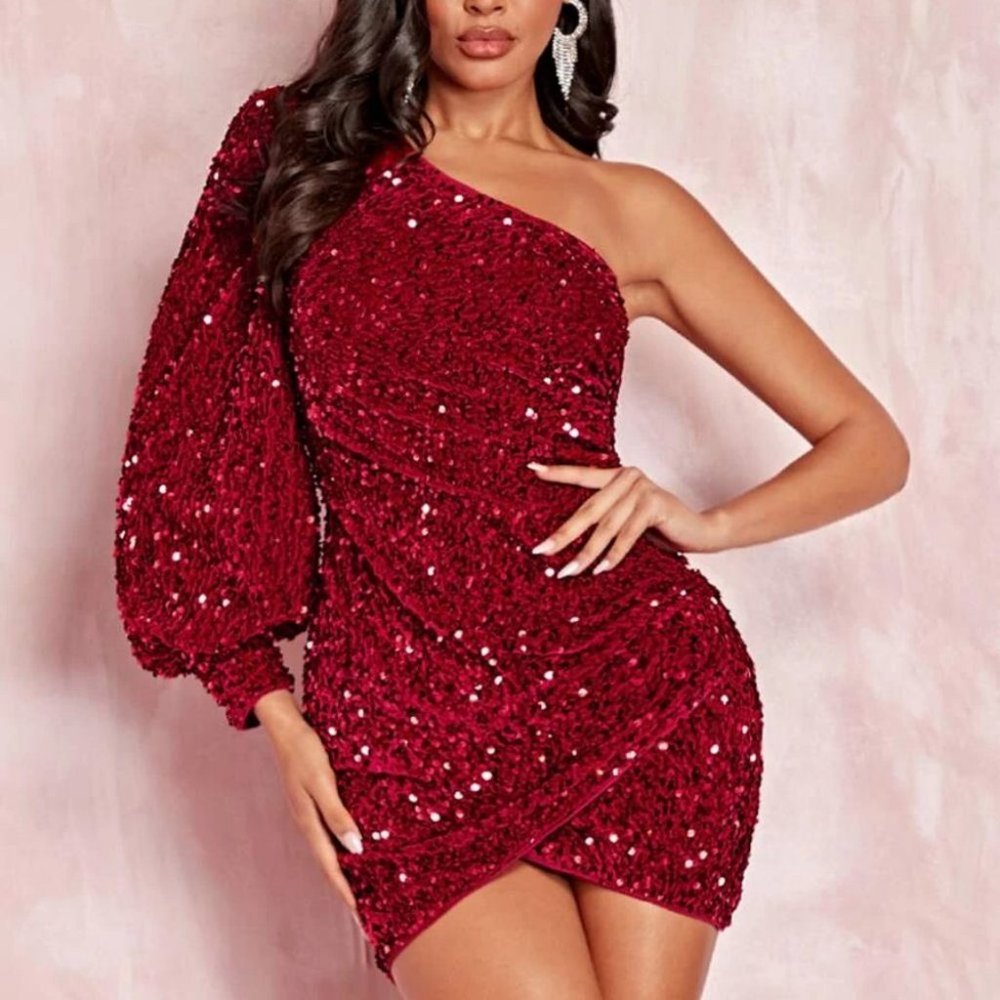 burgundy Sequin One Shoulder Lantern Sleeve Bodycon mini Dress - Picture 3 of 6